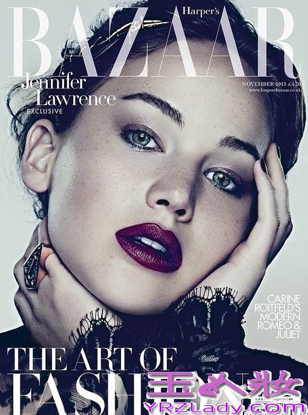 美国著名女演员詹妮弗·劳伦斯（Jennifer Lawrence）闪耀时尚杂志《芭莎》英国版11月刊封面，由摄影师Ben Hassett执镜，Julia von Boehm造型。詹妮弗·劳伦斯与生俱来的表演天赋让她赢得了今年的奥斯卡奖，她身上所散发的明星气质让人惊讶难忘!本次拍摄《芭莎》11月刊封面写真，詹妮弗·劳伦斯身穿迪奥2013年秋冬系列奢华礼服，化身真正的缪斯女神！