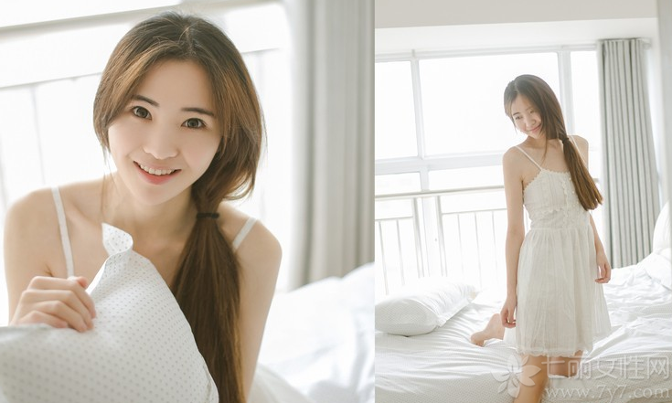 如同阳光一样温暖笑容的明媚女子，带着最暖心的微笑，哪怕是穿着白色睡衣也能展示清纯的性感诱惑，白皙剔透的肌肤，在阳光照射下格外耀眼，让人无法抗拒的魅力，更引发男性们强烈的保护欲望。分享一组温柔女子清晨写真图片，看清纯美女释放正能量魅力。