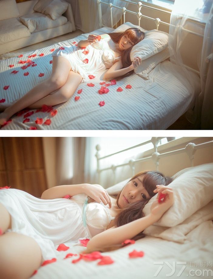 唯美的花瓣不仅让人感受到冬日早晨的温暖，身穿透视吊带睡衣的90后清纯美女显得很迷离，还没睡醒的模样甚是可爱，蓬松凌乱的发丝展现出娇小稚嫩的她。下面一起来看看90后清纯美女性感身躯图片，朦胧清晨与花瓣共舞，美得让人窒息！