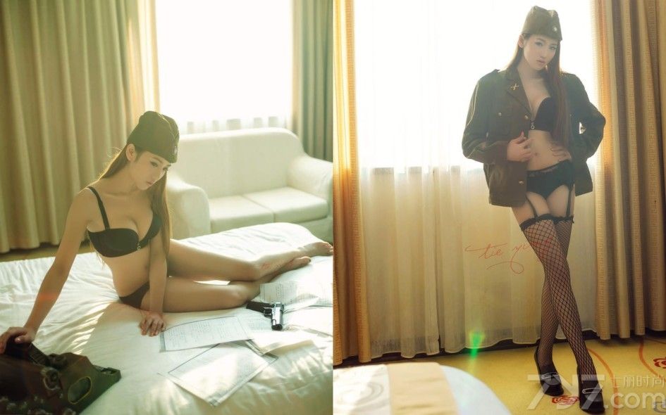 网袜一直是漂亮MM们秒杀宅男的武器，今天为大家分享一组超级性感的模特美女私房照，清纯的长相，魔鬼般的身材，身穿黑色内衣套装，白皙丰胸美腿外露，头顶却戴帅气军帽，妩媚风情又不失帅气，让人着迷。